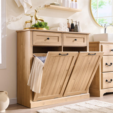 IFBUY Double Tilt Out Laundry Hamper Cabinet, 20 Gallon Farmhouse Trash Can Cabinet with Drawer, Hidden Wood Garbage Can Bin Cabinets with Laundry Storage Basket for Bathroom, Kitchen (Natural) IFBUY