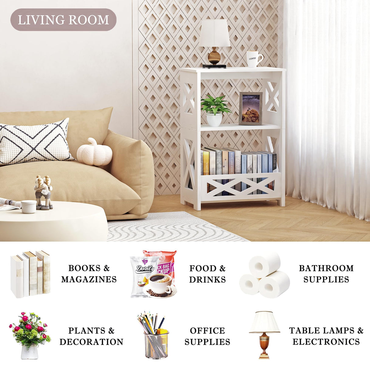 BYFU White Side Table, Small End Table with Storage Shelf, 3-Tier Nightstand Bedside Table Bookshelf Bookcase Display Rack for Small Spaces Bedroom Bathroom Living Room Office BYFU