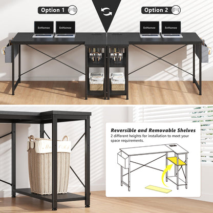 EnHomee 47" Computer Desk with Power Outlets,L Shaped Desk with Storage Shelves,Home Offic Corner Desk for Work,Writing Study Desk with Gaming Desk for Bedroom Office Dorm,Black