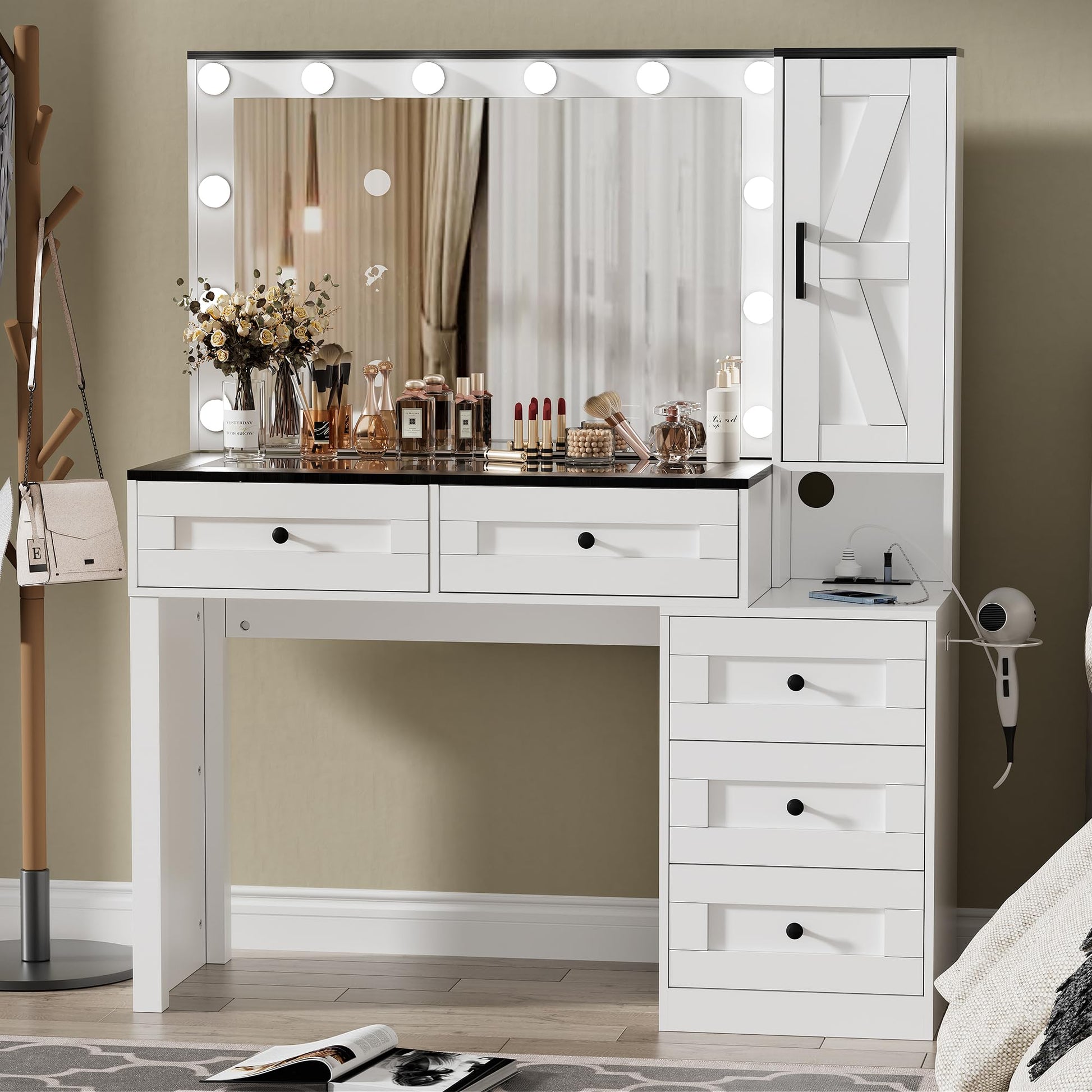 PAKASEPT Farmhouse Vanity Makeup Desk with Mirror and Lights, Glass Tabletop Vanity Desk with Drawers, Charging Station, Cabinet, Modern Vanity Table with Storage Bench for Bedroom, White - WoodArtSupply