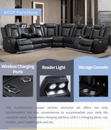 Power Recliner Sofa Sectional Sofa with LED Light for Living Room, Air Leather Reclining Corner Sectional Sofa Set, Cup Holder, Storage Console for Home Theater Seating (Black, Sectional+Chair) AYCP Furniture
