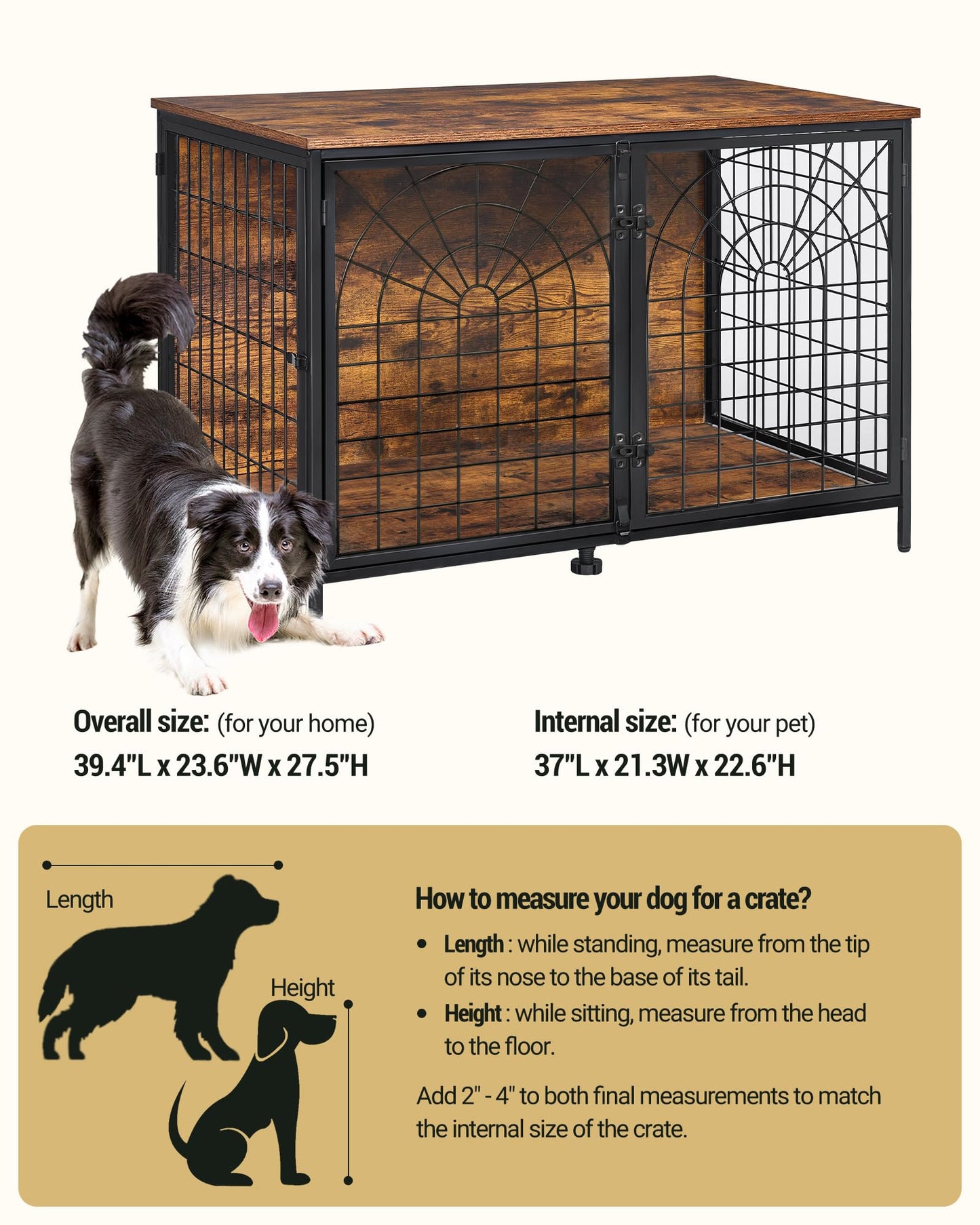 Hzuaneri 39.4" Dog Crate Furniture, 176lbs Heavy Duty Dog Kennels Indoor, End Side Table, TV Cabinets, Quadra-Door Wooden Dog Crate for Small to Large Dogs, Chew-Resistant, Brown and Black DF - WoodArtSupply