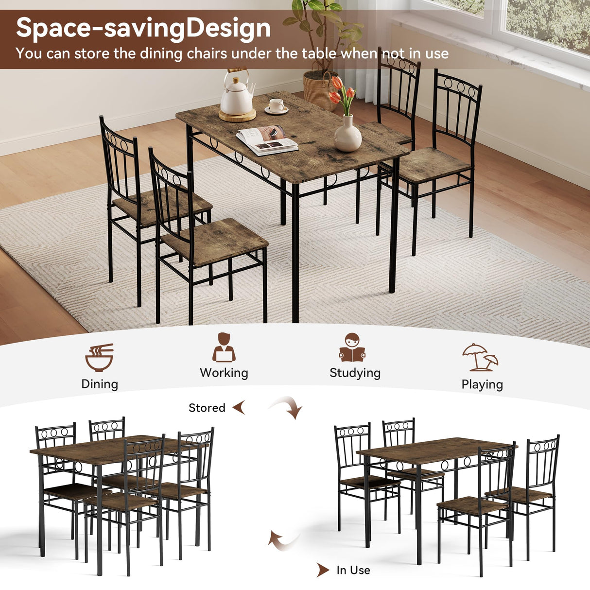 Vipbear Kitchen Dining Table Set for 4, 5-Piece Kitchen Table Set,Dining Room Table Sets,Rectangular Kitchen Table Set with 4 Chairs for Small Space, Dinette,Apartment, Rustic Brown Vipbear