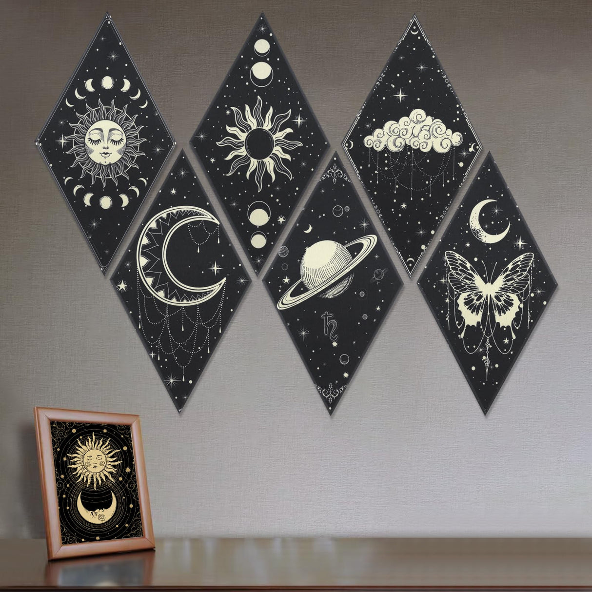 Tutmyrea 6 Pack Art Acoustic Panels Soundproof Wall Panels with Self-Adhesive, 20x12inchs Sound Absorbing Panels Boho Wall Decor, Gothic Decorative Acoustical Wall Panels Moon Stars Sun Phases Tutmyrea