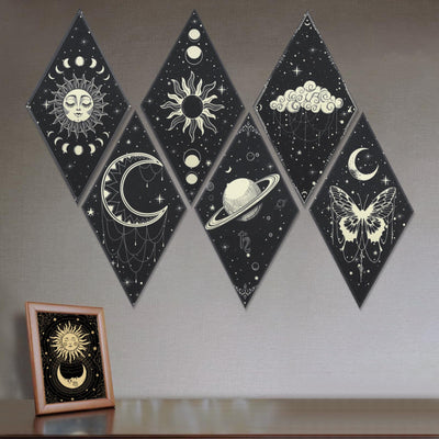 Tutmyrea 6 Pack Art Acoustic Panels Soundproof Wall Panels with Self-Adhesive, 20x12inchs Sound Absorbing Panels Boho Wall Decor, Gothic Decorative Acoustical Wall Panels Moon Stars Sun Phases