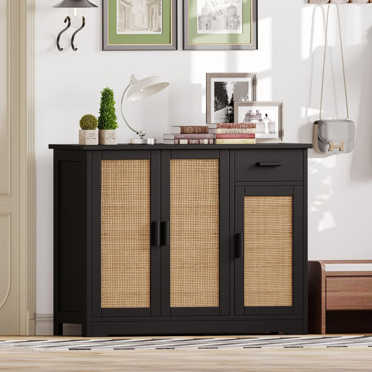 Irontar Kitchen Storage Cabinet, Sideboard Buffet Cabinet with Rattan Doors, Farmhouse Console Table with Drawer, Coffee Bar, Accent Table for Kitchen, Living Room, Hallway, Black and Natural CWG010BM Irontar