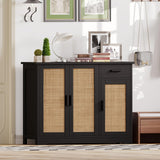 Irontar Kitchen Storage Cabinet, Sideboard Buffet Cabinet with Rattan Doors, Farmhouse Console Table with Drawer, Coffee Bar, Accent Table for Kitchen, Living Room, Hallway, Black and Natural CWG010BM Irontar