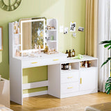 Pamapic Vanity Desk with Mirror and Lights, 13 Storage Makeup Vanity with 4 Drawers and 8 Shelves, 62" Large Dresser Dressing Table with Power Outlet, 3 Lighting Modes, Silent Slides, White Pamapic