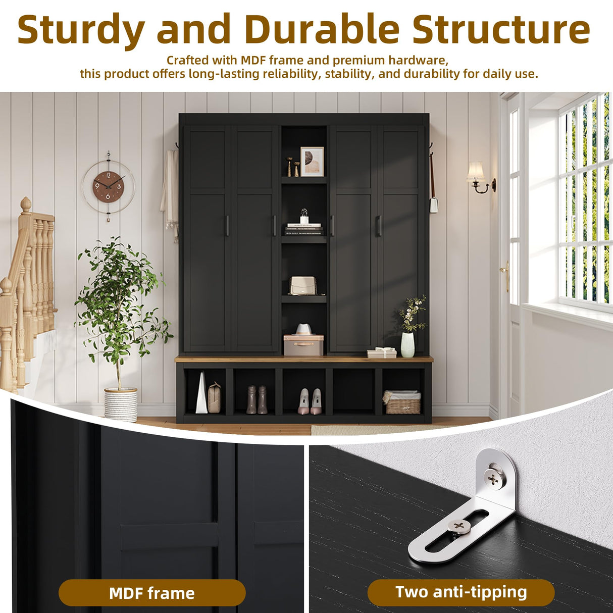 Merax Modern Farmhouse Hall Tree with Bench, 4-in-1 Entryway Storage Cabinet & Shoe Organizer with Hooks, Black Merax