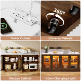 Homiflex Kitchen Island with Storage, 57" W Large Island Table with Seating/LED Light for Dining Room, Kitchen Carts on Wheels Breakfast Bar Table w/Power Outlet, Walnut Homiflex