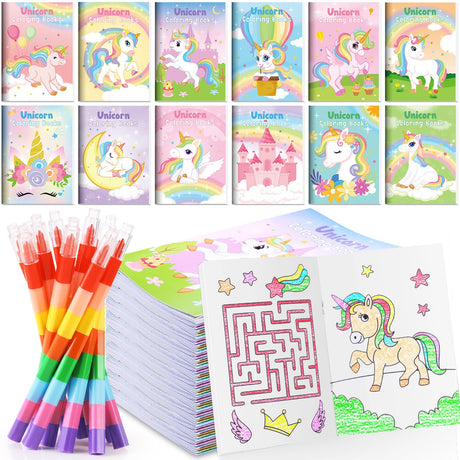 BenLouis 12 Unicorn Mini Coloring Books Kids with 12 Stacking Crayons Unicorn Birthday Party Favors Small Activity Books Bulk for Kids Rainbow Party Gift Goodie Bag Stuffers BenLouis