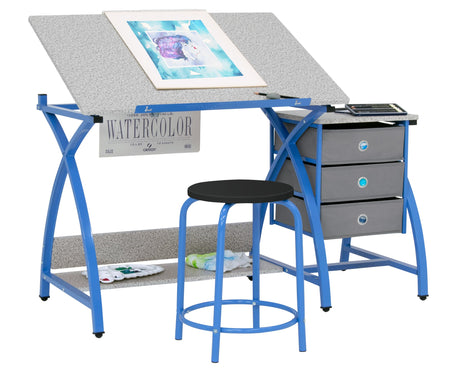 SD STUDIO DESIGNS Comet Center Plus, Craft Table and Matching Stool Set with Storage and Adjustable Top, Blue/Spatter Gray, 50x23.75x29.5 inches, 2 Piece SD STUDIO DESIGNS