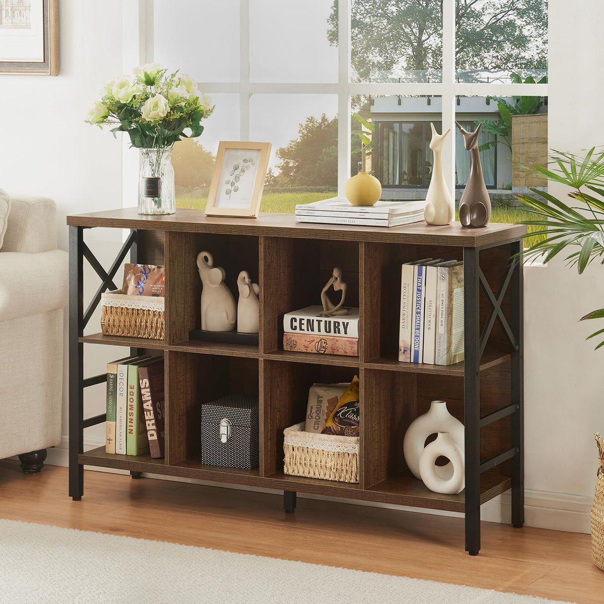 HOMBAZAAR Cube Storage Organizer Shelf, Industrial Horizontal Bookshelf with 8 Cube Storage, Rustic Low Cube Bookshelf with 3 Shelves, Short Wide Bookcase for Office,Living Room,Apartment,Brown HOMBAZAAR