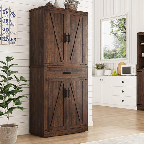 Hlivelood 72" Tall Farmhouse Kitchen Pantry Cabinet with Drawer, Rustic Wood Cupboard Storage Cabinet w/Organizer and 4 Barn Doors, Storage Cabinet for Kitchen, Dining Room, Living Room, Brown Hlivelood