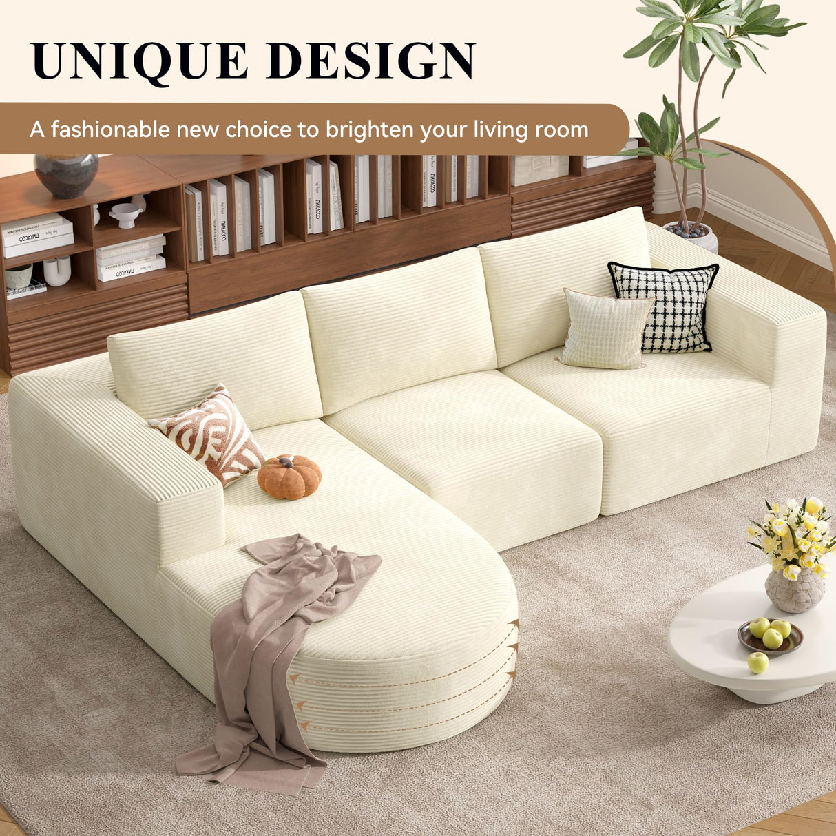 Modular Sectional Sofa with L-Shape Chaise,Cloud Sectional Modern Sleeper Couch with Deep Seat,Sponge Compression Sofas No Assembly Required (Beige-Corduroy Fabric) Luxanimarion
