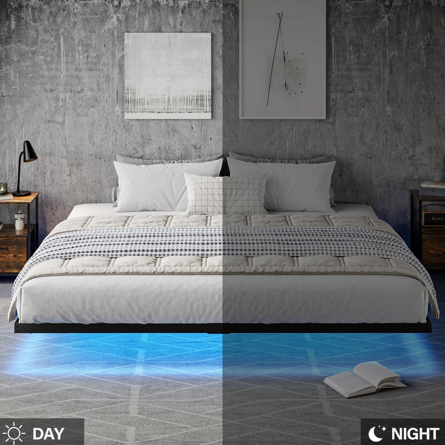 HOMBCK King Size Floating Bed Frame with LED Lights and Heavy Duty Steel Construction - WoodArtSupply