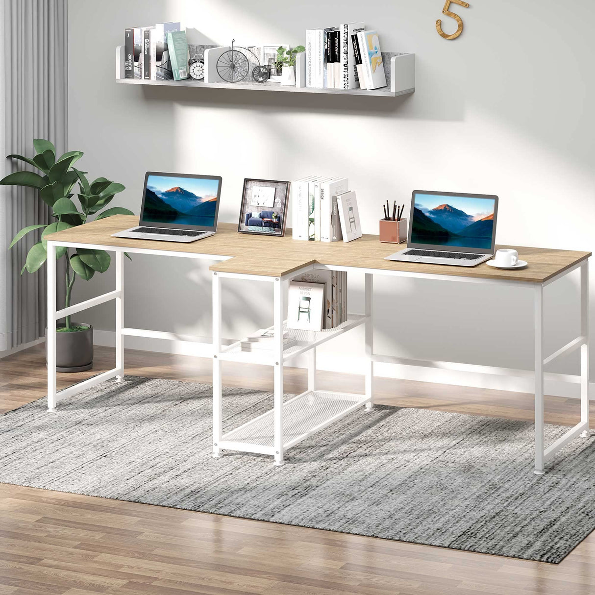 HOMCOM 83" Two Person Computer Desk with 2 Storage Shelves, Double Desk Workstation with Book Shelf, Long Desk Table for Home Office, Natural HOMCOM