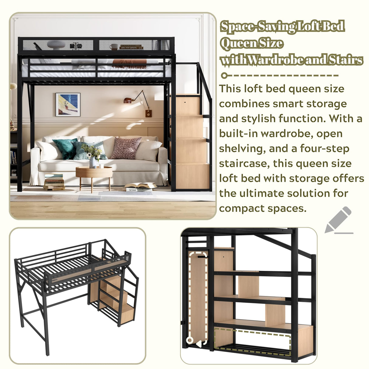 Queen Loft Beds with Storage Beside Shelves and Wardrobe, Metal Loft Bed Queen with LED Lights and USB Ports, Heavy-Duty Loft Bed Frame for Teens, Adults, Noise-Free & Space-Saving, Black Bellemave