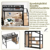 Queen Loft Beds with Storage Beside Shelves and Wardrobe, Metal Loft Bed Queen with LED Lights and USB Ports, Heavy-Duty Loft Bed Frame for Teens, Adults, Noise-Free & Space-Saving, Black Bellemave