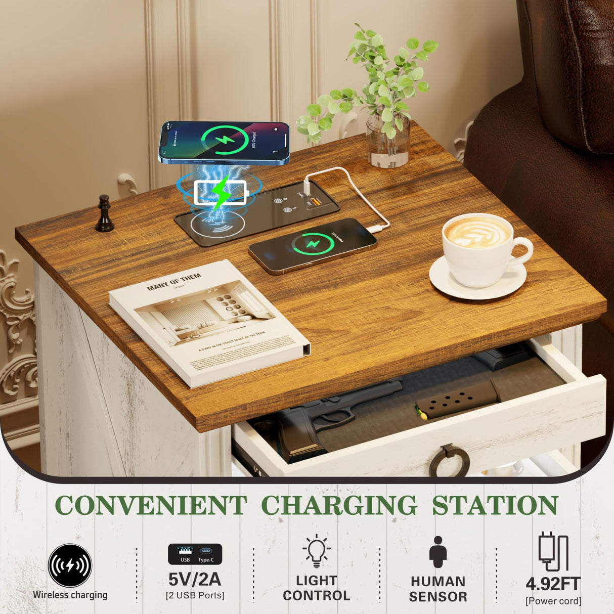 TAGELIER Night Stand Set 2 with Gun Drawer, Farmhouse Bedside Table with Charging Station, Gun Nightstand with LED Light & Human Sensor, Smart End Table for Bedroom, Antique White TAGELIER