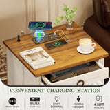 TAGELIER Night Stand Set 2 with Gun Drawer, Farmhouse Bedside Table with Charging Station, Gun Nightstand with LED Light & Human Sensor, Smart End Table for Bedroom, Antique White TAGELIER