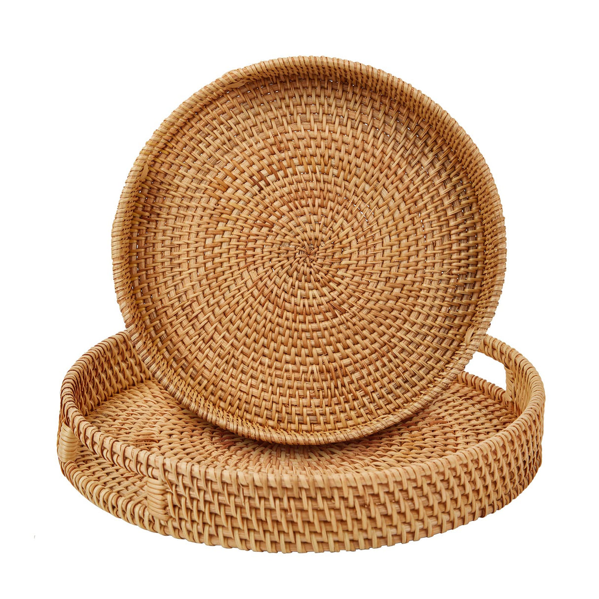 Whalehub Round Rattan Serving Tray with Handles,2 Hand Woven Basket, Home Decor Organizer Tray for Breakfast, Tea, Snack, Fruit, Coffee, Storage (Large + Medium)(14.17inchX2.3inch+11.9inchX1.7inch Whalehub