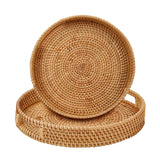 Whalehub Round Rattan Serving Tray with Handles,2 Hand Woven Basket, Home Decor Organizer Tray for Breakfast, Tea, Snack, Fruit, Coffee, Storage (Large + Medium)(14.17inchX2.3inch+11.9inchX1.7inch Whalehub