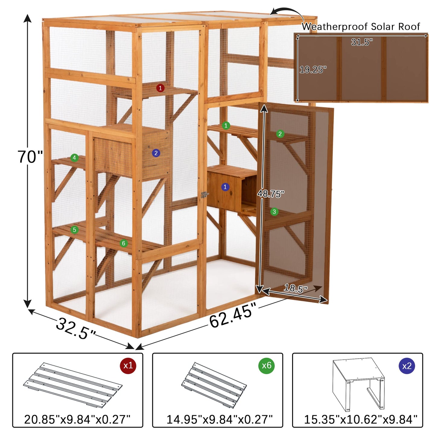 NBTiger Large Wooden Cat Enclosure Cage Catio Pet Playhouse Run House with Hammock and Solar Top, 63'' x 33'' x 70'' Outdoor Indoor Pet Kennel Playpen with Sisal Rope Pedal and Activity Platf - WoodArtSupply