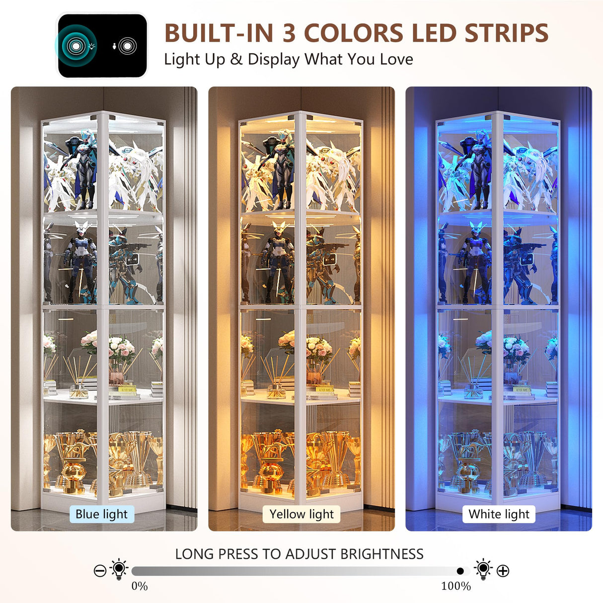 Corner Display Cabinet with Glass Doors, 68" Display Case with LED Lights, 4-TierCurio Cabinets for Collectibles/Toys/Books, Mirrored Storage Cabinet, White Dystler