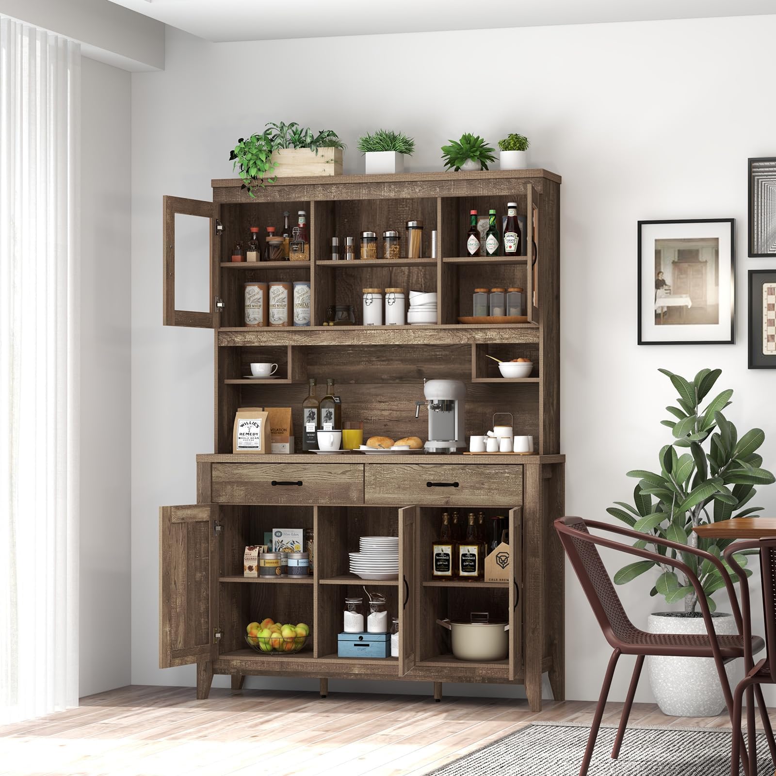 Byroce Kitchen Pantry Cabinet, Farmhouse 78.5” Tall Storage Cabinet w/Countertop, Adjustable Shelves & Drawers, Microwave Shelf w/Hutch, Wooden Buffet Sideboard w/Tempered Glass Doors, Rustic - WoodArtSupply