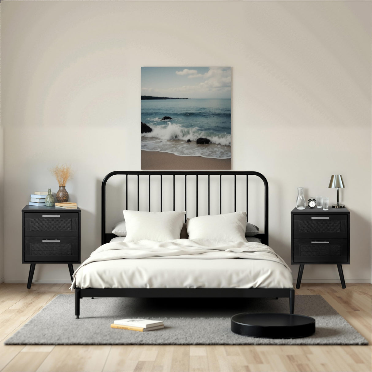 Finnhomy Nightstand, End Table, Side Table with 2 Hand Made Rattan Decorated Drawers, Nightstands Set of 2, Wood Accent Table with Storage for Bedroom, Full Black, 2 Pack Finnhomy