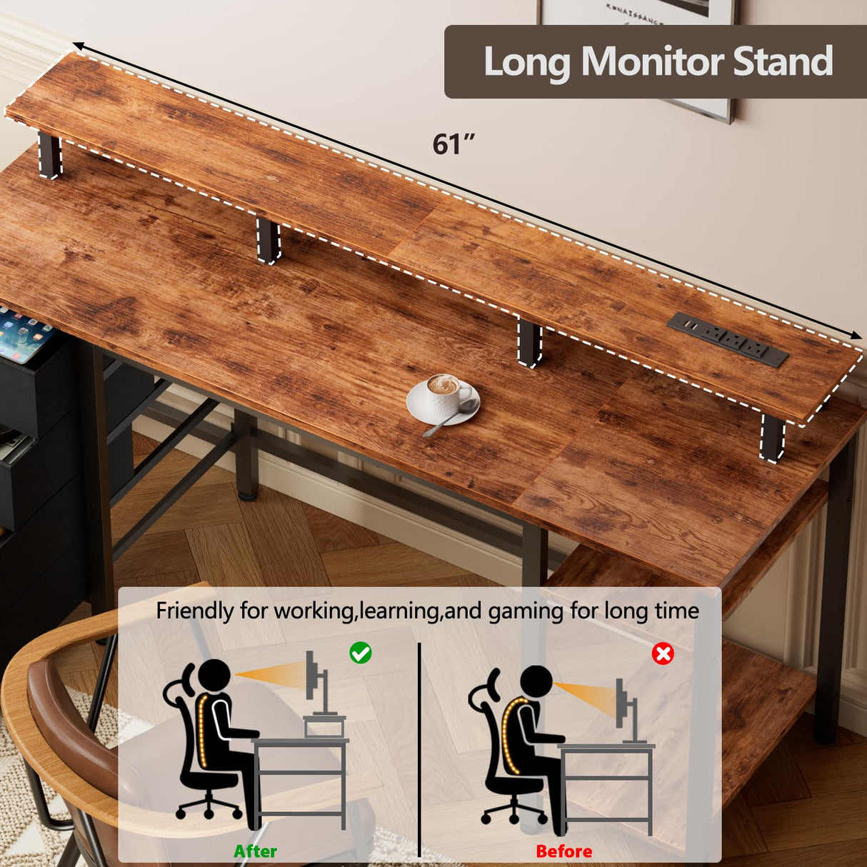Furologee 61 Inch Desk with 4 Drawers, Computer Desk with Power Outlets and LED Lights, Office Desk with Long Monitor Stand, Large Gaming Desk with Shelf for Home Office/Bedroom/Brown Furologee
