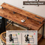 Furologee 61 Inch Desk with 4 Drawers, Computer Desk with Power Outlets and LED Lights, Office Desk with Long Monitor Stand, Large Gaming Desk with Shelf for Home Office/Bedroom/Brown Furologee