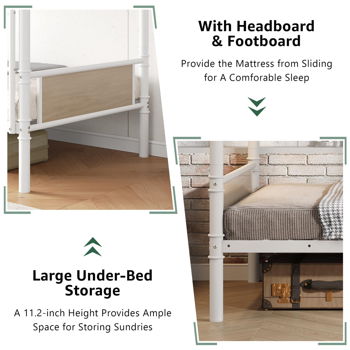 Jocoevol Bunk Bed Twin Over Twin, Heavy Duty Metal Industrial Bunkbeds with Ladder and Full-Length Guardrail, Convertible into 2 Individual Beds, Under-Bed Storage Space (White, Twin) Jocoevol