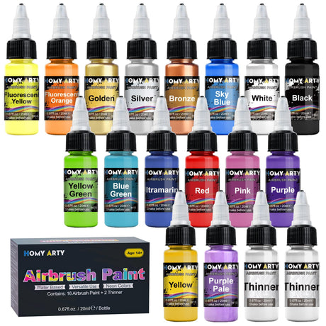 HOMY ARTY Airbrush Paint - 16 Colors with 2 Thinner, Ready to Spray, Water-Based, Acrylic Air Brush Paints for Metal, Plastic Models, Canvas, Wood - 18 Bottles HOMY ARTY