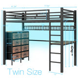 FULLJOJOR Loft Bed Twin Size with Desk, 8 Storage Drawers, Power Outlet, LED Metal Loft Bed with Storage Shelve, Bed with Safety Guardrail & Ladders,Space-Saving,Black FULLJOJOR