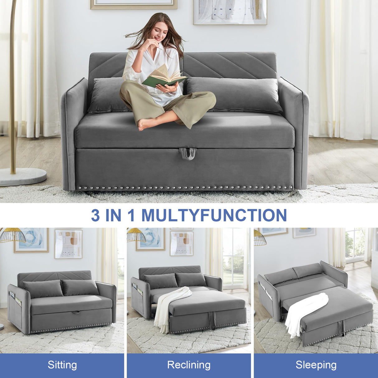 SumKea 3-in-1 Sleeper USB Port Adjustable Velvet Convertible Sofa with Pull Out Bed, 2 Pillows & Side Pocket – Ideal for Living Room and Bedroom, Grey SumKea