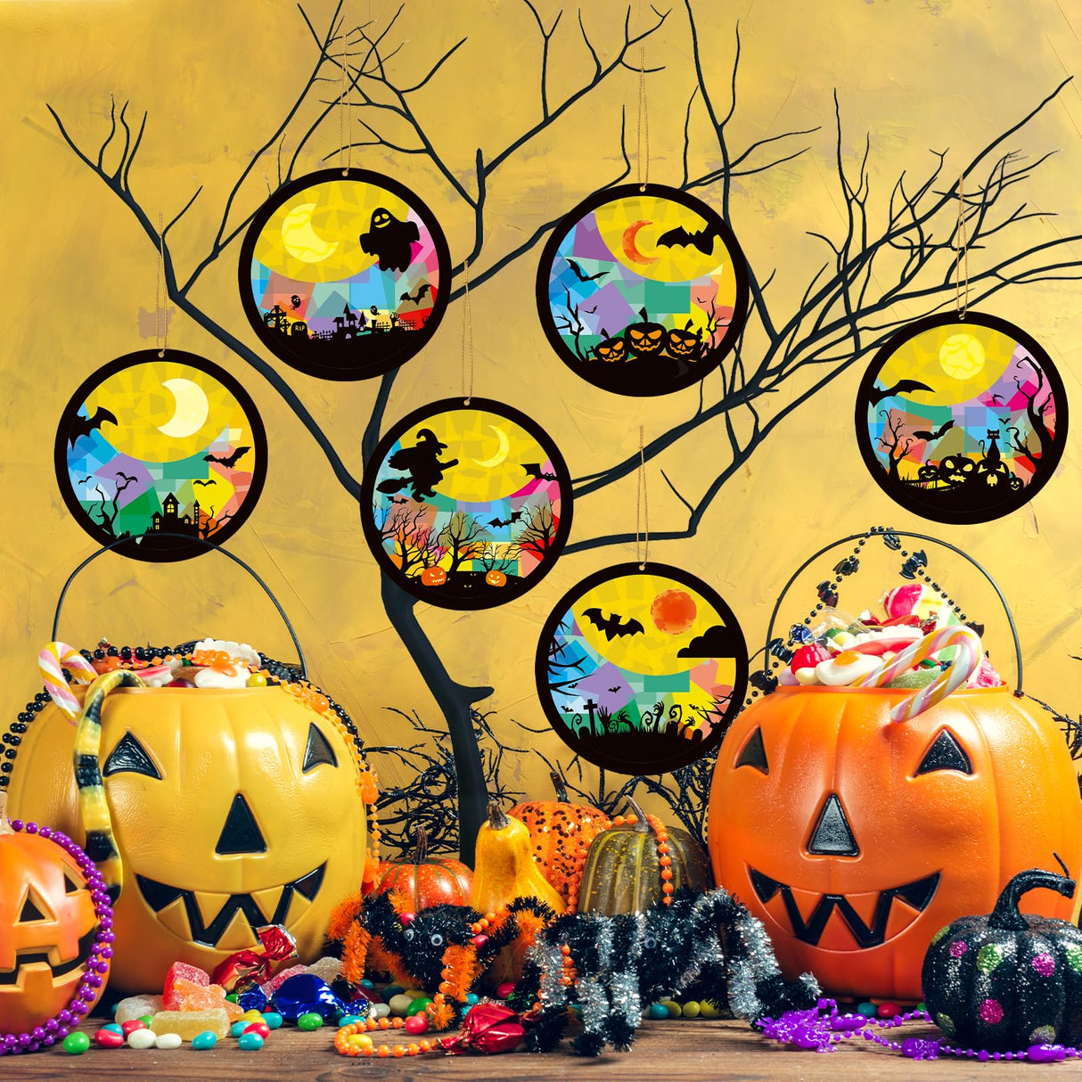 TENDFINE 24 Sets Halloween Night Suncatcher Craft Kit DIY Bat Ghost Tissue Sign Paper Art Craft Activity Halloween Ornament Home Classroom Window Decoration TENDFINE