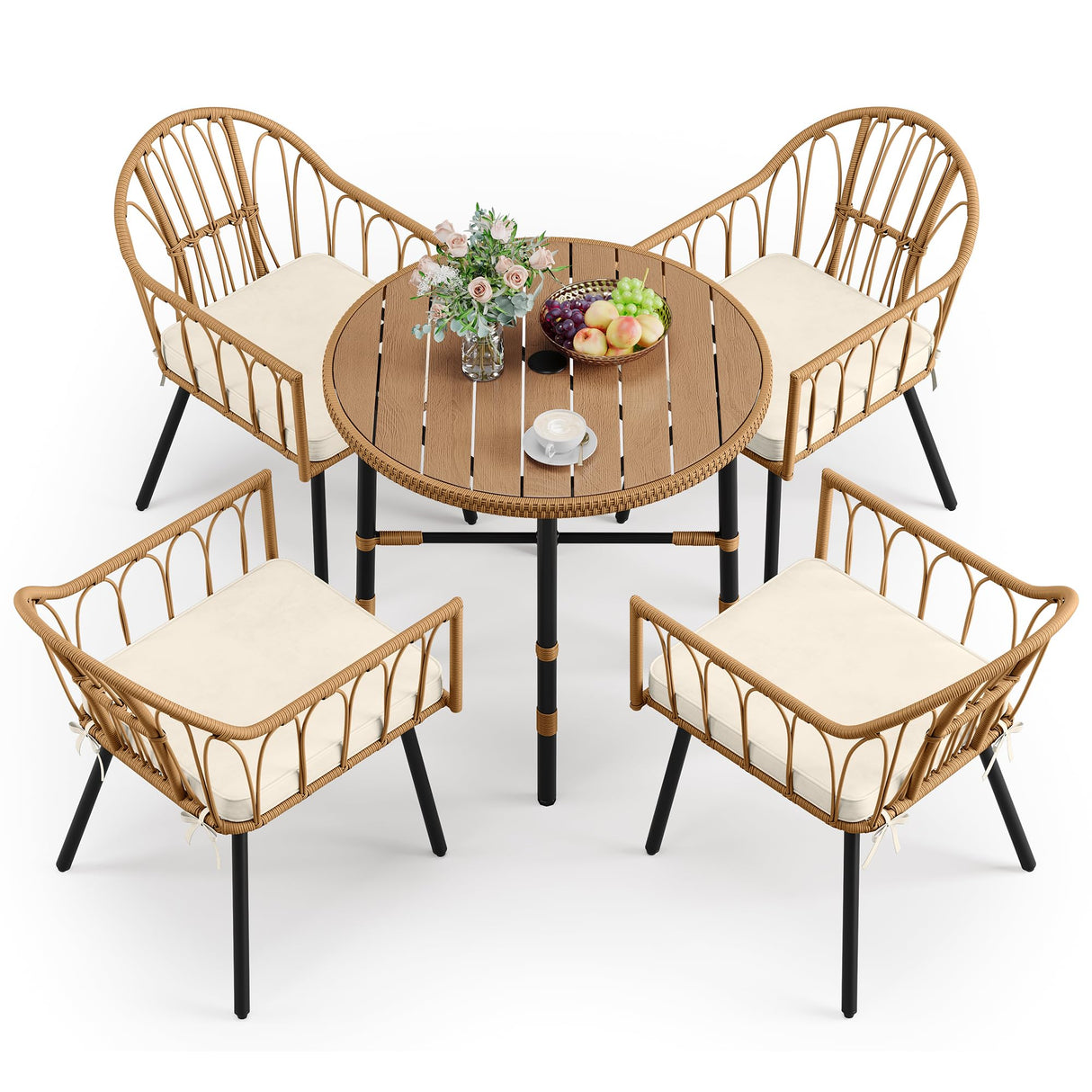DWVO 5 Piece Patio Dining Sets, Outdoor Dining Furniture Set with 2" Umbrella Hole, Wicker Rattan Round Table and Chairs Set with Comfortable Cushions for Patio, Balcony, Backyard, Beige DWVO