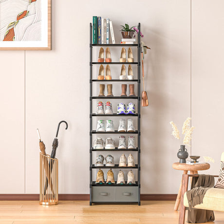 OYREL Tall Shoe Rack Narrow 10 Tier Shoes Rack 20 25 Pairs, Shoe Storage Organizer for Closet, Sturdy Metal Shoe Shelf Shoe Stand with 2 Boxes 1 Hook OYREL