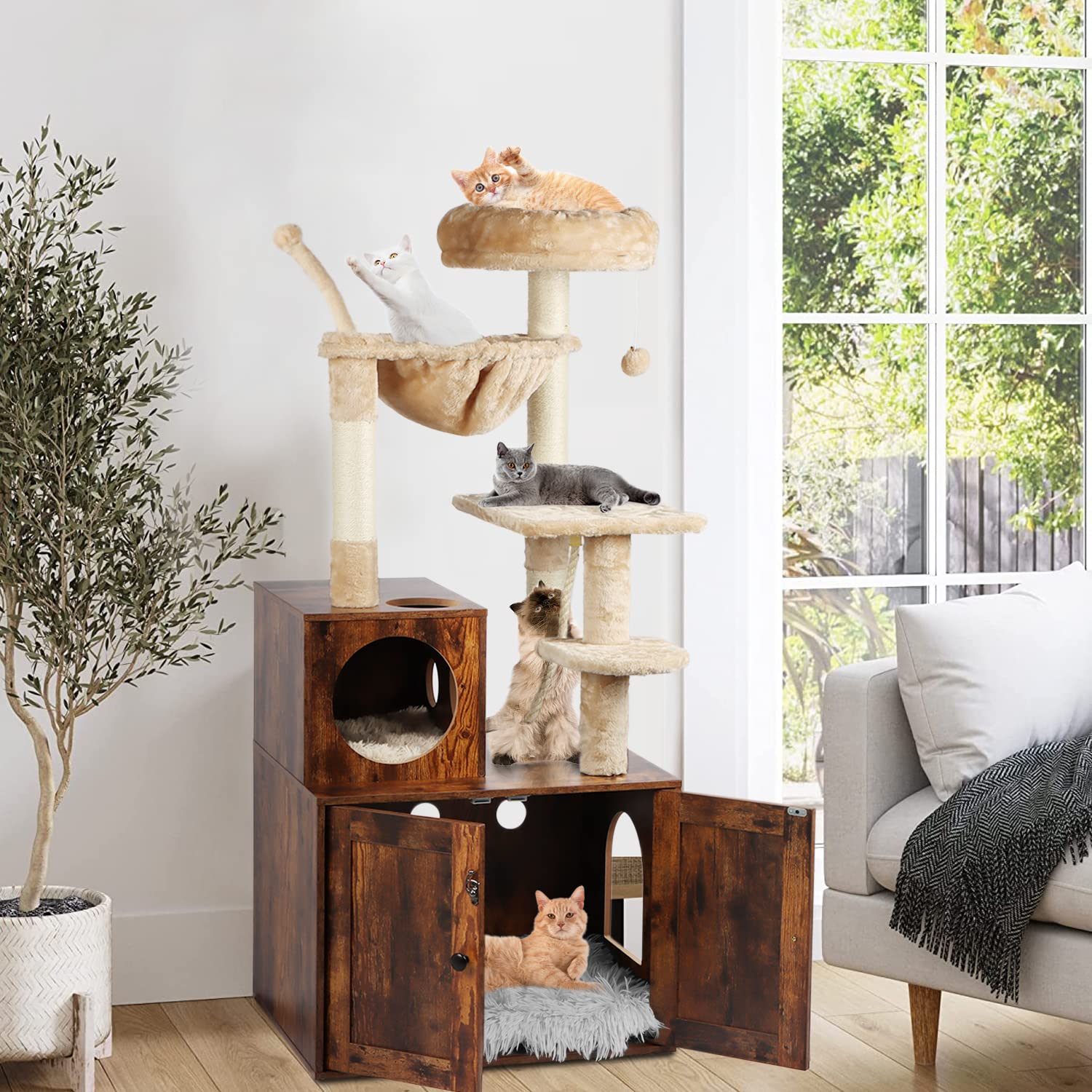 Timberer Cat Tree with Litter Box Enclosure, 2-in-1 Cat Tower for Indoor Cats, Large Cat Furniture, Wood Cat Condo with Basket, Scratching Posts, Pompoms, Rustic Brown - WoodArtSupply