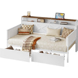 IRONCK Twin Size Daybed with Storage Drawers, Sturdy Metal Bed Frame with X-Shaped Headboard and Charging Station, Upholstered Farmhouse Daybed for Living Room, Bedroom, and Guest Room, White/Walnut IRONCK