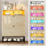 IKIFLY Natural Rattan Shoe Cabinet with LED Light, Shoe Rack Cabinet with 2 Flip Drawers & Open Shelves, Narrow Shoe Cabinet with Metal Legs, Shoe Storage Cabinet for Entryway, Living Room, Apartment IKIFLY