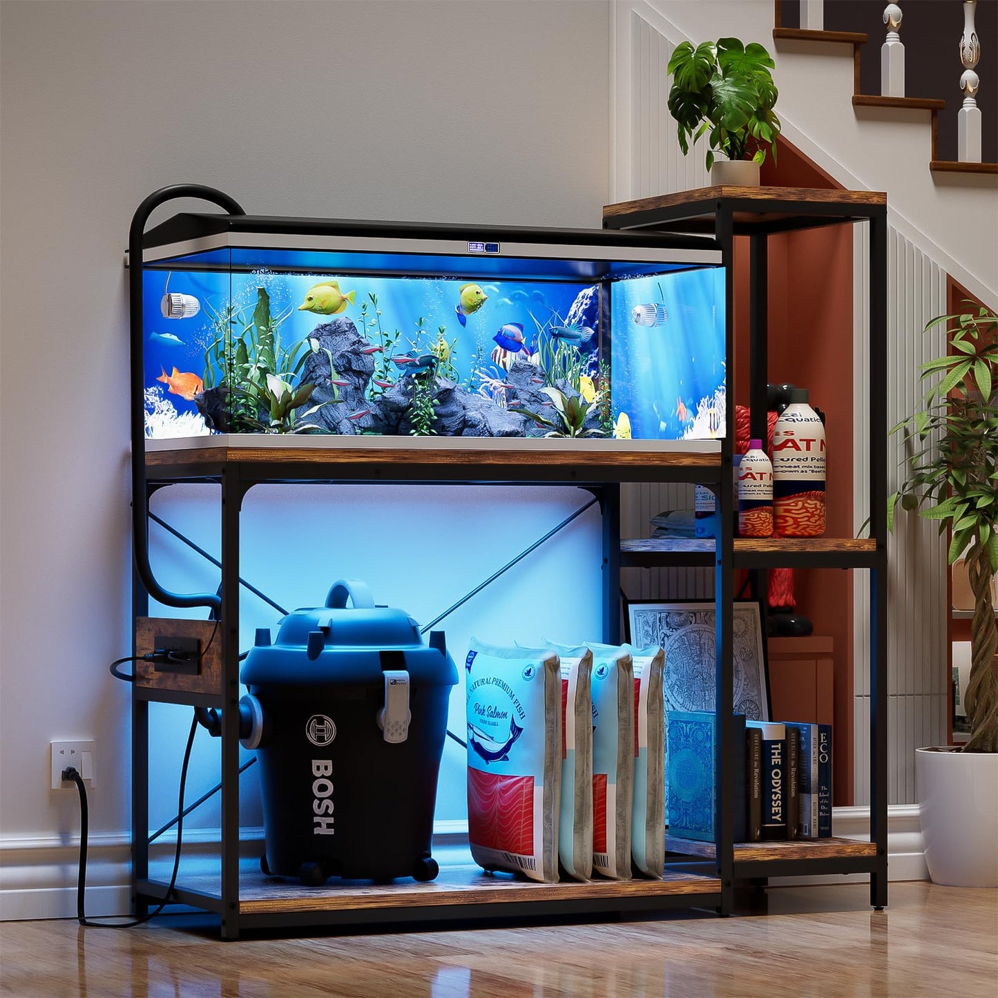 Hyomdeck 20-29 Gallon Fish Tank Stand with Power Outlet & LED Light, Reversible Wood Aquarium Stand with Shelves for Fish Tank Accessories Storage, Metal Frame, Turtle/Reptile Tank Stand, Rus - WoodArtSupply