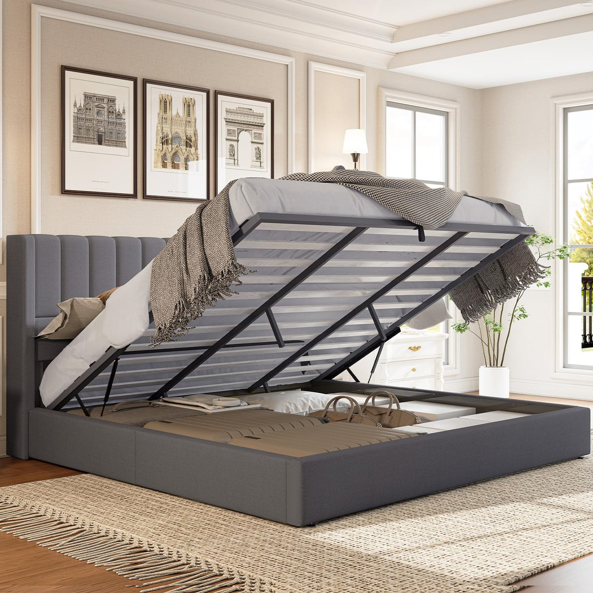 Jocisland King Size Lift Up Storage Bed Frame, Linen Upholstered Platform Bed with Vertical Channel Tufted Headboard and Wingback, Hydraulic System, No Box Spring Needed, Wood Slats Support, Dark Grey Jocisland