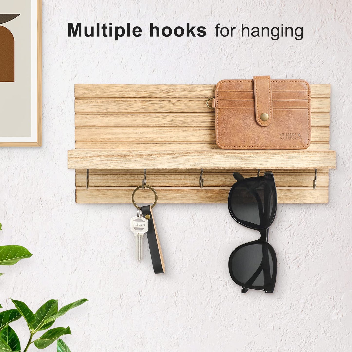 Lwenki Decorative Key Holder for Wall with Shelf, Entryway Shelf with Hooks Holds Leashes, Jackets and Glasses – Sturdy Wood Keyholder Entrance Hanger with Mounting Hardware (Wood)