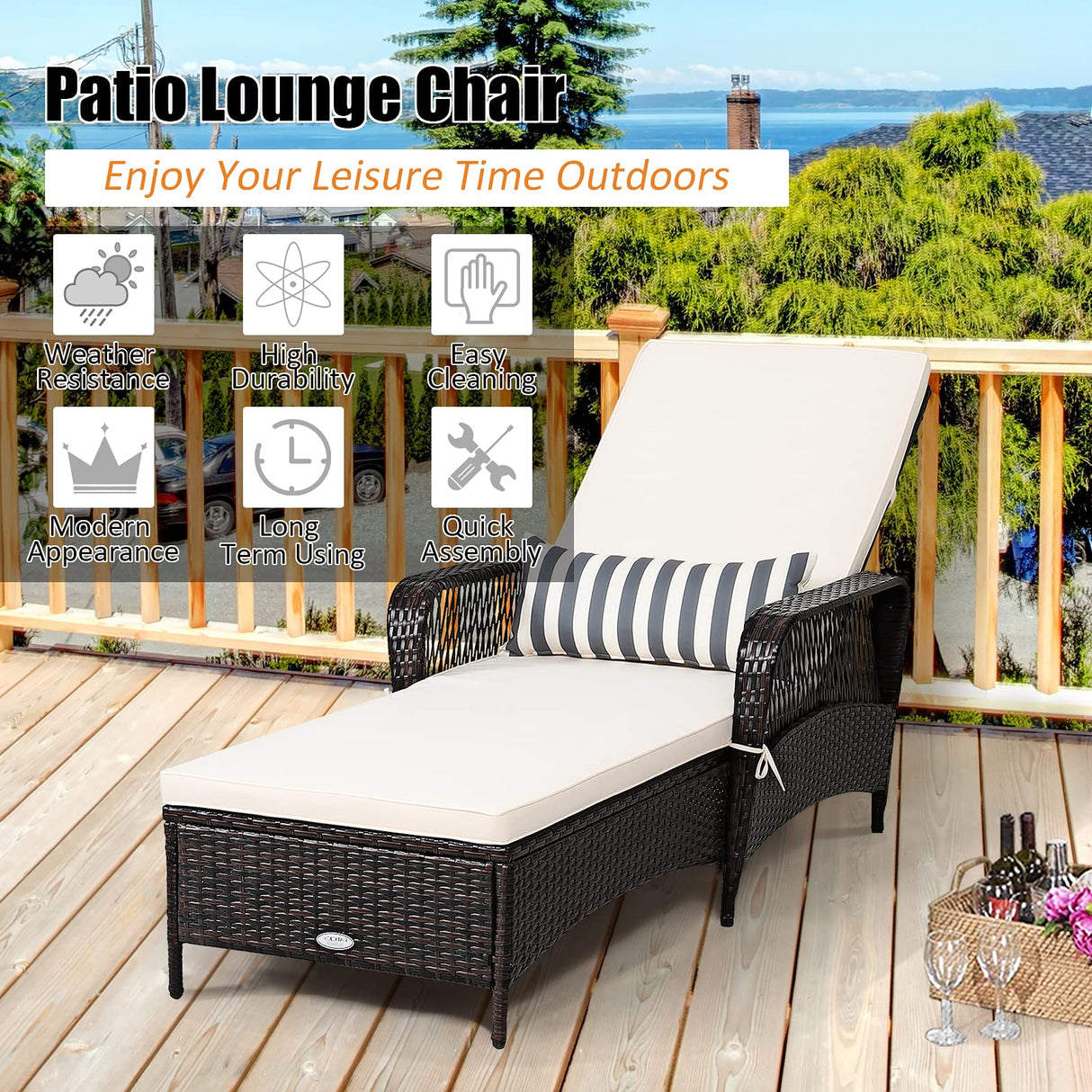 COSTWAY PE Rattan Chaise Lounge Chair, 6 Gear Adjustable Recliner with Armrest & Pillow, Wicker Outdoor Furniture for Deck, Patio (1, Brown) COSTWAY