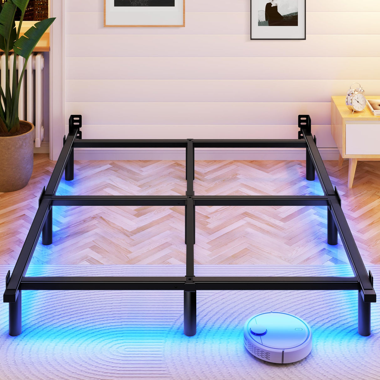 Awesofurni Queen Bed Frame with Smart LED Lights, 7 Inch Basics Metal Bed Frame, Heavy Duty 9-Leg Base for Box Spring and Mattress, Noise-Free, Easy Assembly, Black Awesofurni