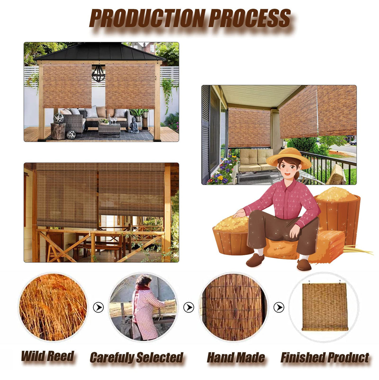 Reed Shades Bamboo Roll Up Shades Bamboo Roll Up Blinds Bamboo Roller Blinds, Retro Bamboo Shades Outdoor Bamboo Shades Blinds with Lift for Indoor/Outdoor Privacy 25×72in（W×H） White OCAZI