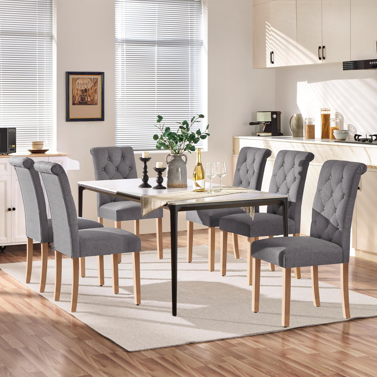 Yaheetech Dining Chairs Set of 6 Fabric Upholstered Dining Chairs Padded Chairs Button Tufted Kitchen Chairs With Solid Wood Legs for Home, Dining Room, Kitchen, Dark Gray Yaheetech